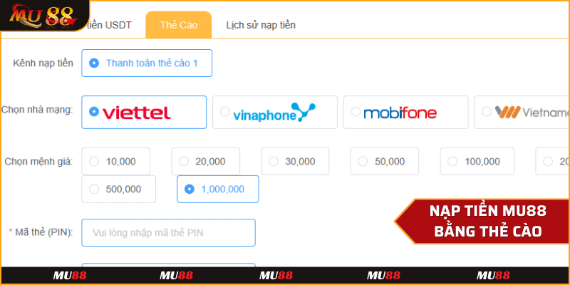 Nạp tiền Mu88 bằng thẻ cào